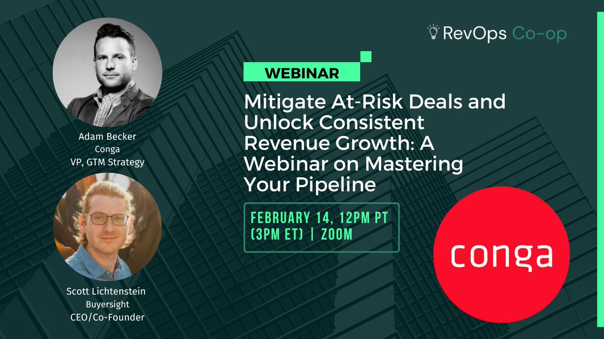 CongaHQ's tweet image. Predictable revenue = revenue growth, but how do you secure it? Join our upcoming webinar to learn what risks are causing unpredictability in your pipeline and more. Secure your spot: okt.to/skA1Rp
#revenueoperations #pipelinemanagement