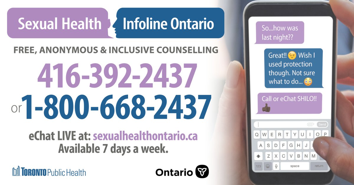 TOPublicHealth's tweet photo. It's Sexual &amp; Reproductive Health Awareness Week! 

Have questions about safer sex? #STIs and testing? #HIV, #PrEP and #PEP? Planned and unplanned #pregnancy? 

Call or eChat the Sexual Health Infoline Ontario for FREE, anonymous &amp; inclusive counselling. 🏳️‍🌈🏳️‍⚧️ #SRHWeek https://t.co/BnE6rL73X9