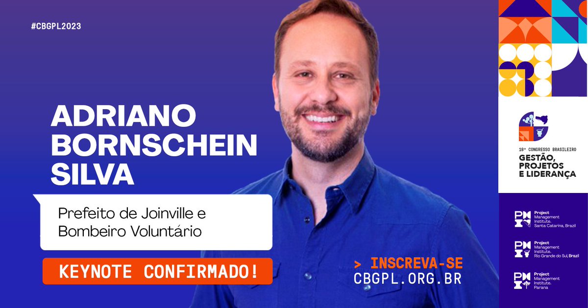 cbgpl_pmi's tweet photo. 🔔 Keynote confirmado! Adriano Bornschein, Prefeito de Joinville (SC) e Bombeiro Voluntário!

🎯 Tema: Como a Gestão de Projetos ajudou Joinville se tornar a melhor Cidade do País?

INSCREVA-SE
✅ https://t.co/6BniD0ORNf

#cbgpl #cbgpl2023 #gestao #projetos #balneariocamboriu https://t.co/iYrRYhK9es