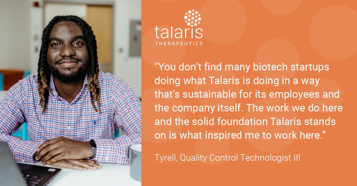 #TeamTalaris is on a mission to harness the power of immune tolerance to improve people’s lives. Our most important asset in that work is our people, people like Tyrell. Learn more about our team: bit.ly/3HoYjIt

#Louisville #Houston #Boston