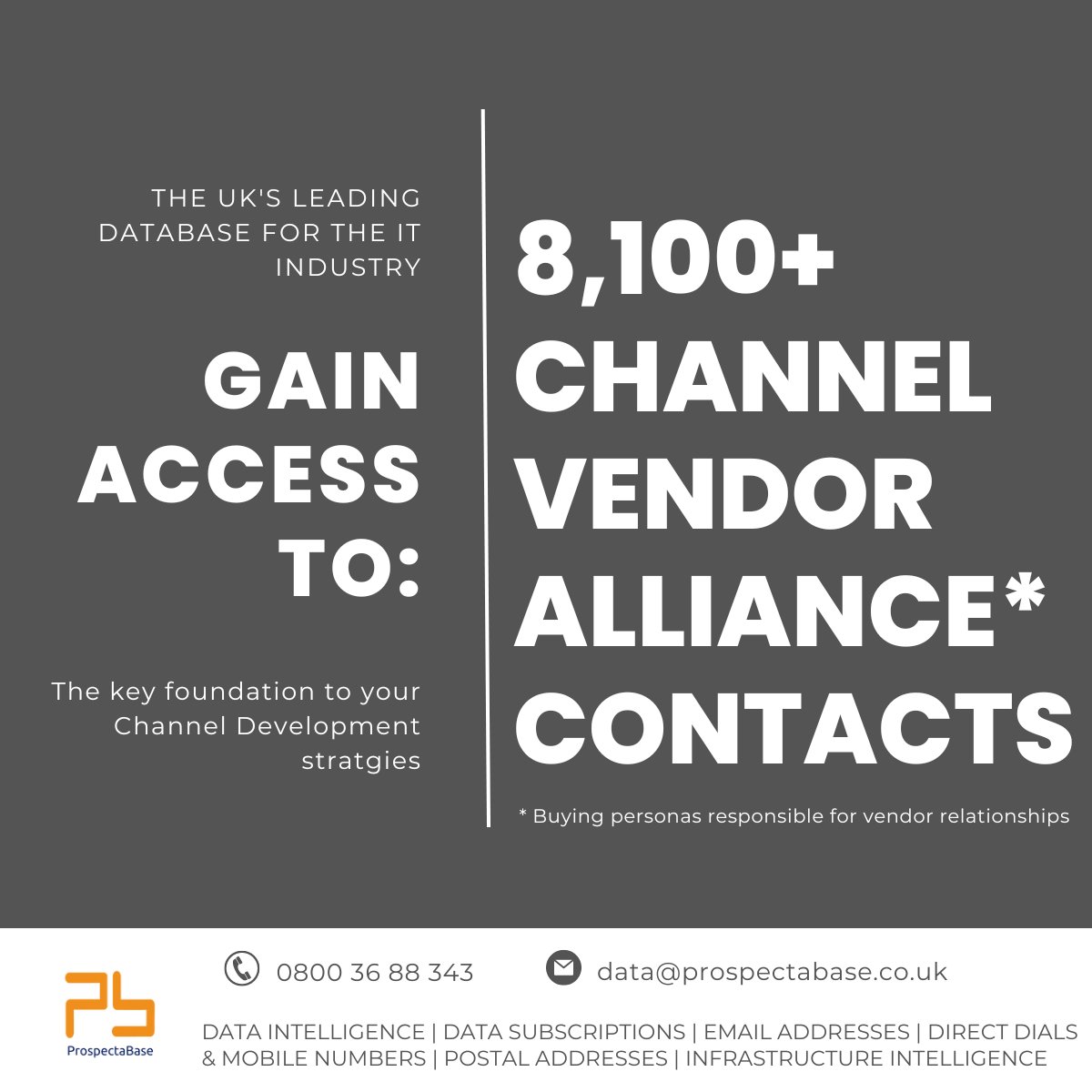 ProspectaBase's tweet image. Capitalise on opportunities; improve brand awareness with access to over 8,000 channel contacts. #datamatters #targetthechannel #channeldevelopment