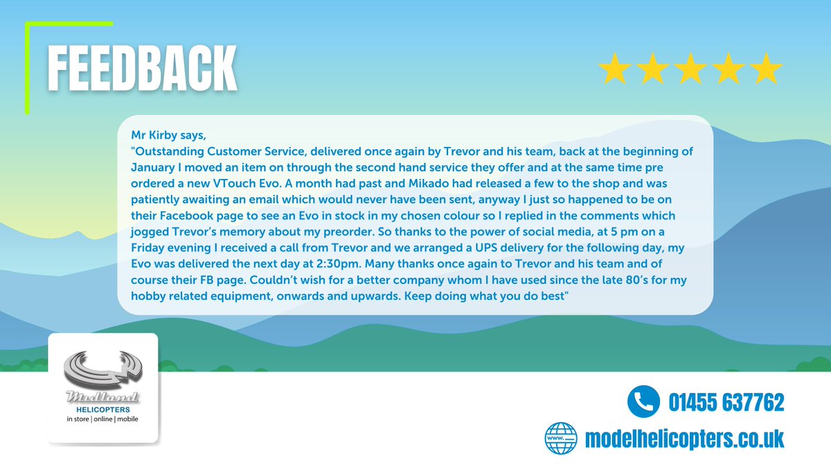 midlandhelis's tweet image. Check out this fantastic review from one of our recent customers! ⭐

ℹ️ For more information -
🖥️ Visit ModelHelicopters.co.uk
📞 Or Call us on 01455 637762

#MidlandHelicopters

#ModelHelicopters #ModelFlying #FreeDelivery #WorldwipeShipping #Feedback #Review #CustomerService