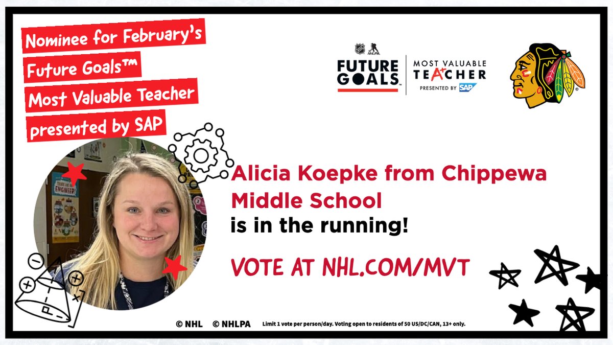 Did you know? <a href="/NHL/">NHL</a> <a href="/NHLBlackhawks/">Chicago Blackhawks</a> have nominated CMS STEM teacher  <a href="/MissKtech/">Alicia Koepke</a>  for a Most Valuable Teacher award to win $10k for students! Vote for her daily at nhl.com/mvt by clicking on her headshot. #62learns #62united #62CMS