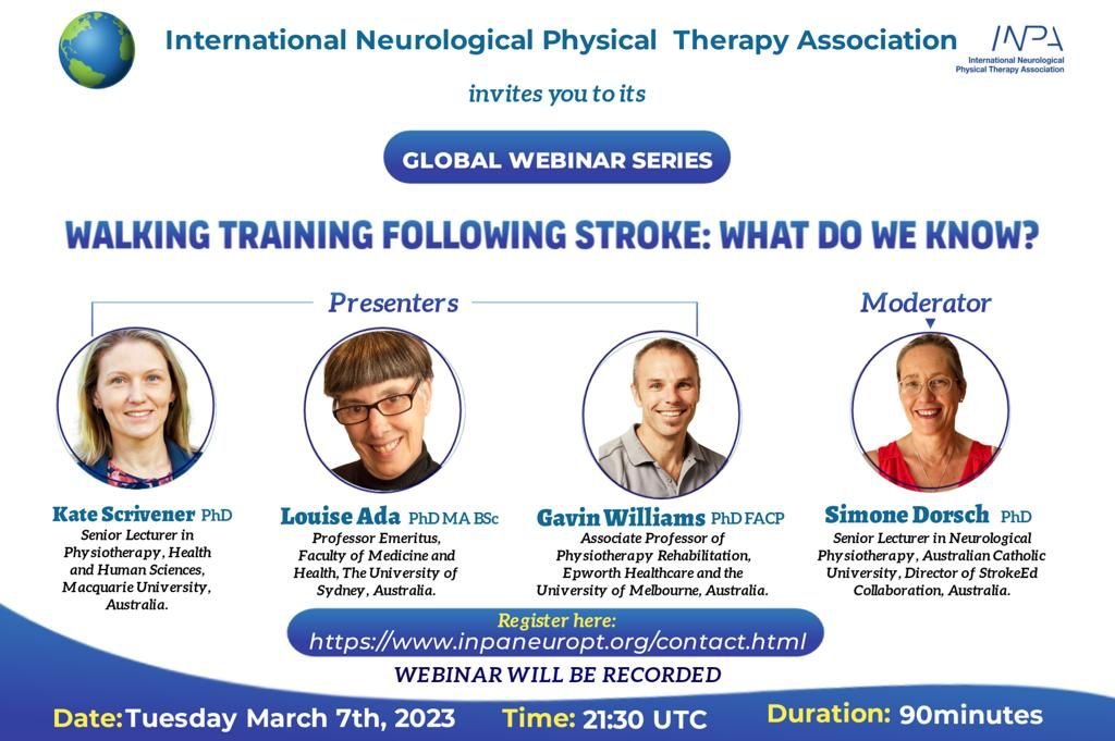 Join us for our upcoming global webinar series.
Topic: Walking Training Following Stroke: What Do We Know
Date: Tuesday 7th March, 2023.
Time: 21:30 UTC.
This webinar is free.
For registration and other details: inpaneuropt.org/contact.html