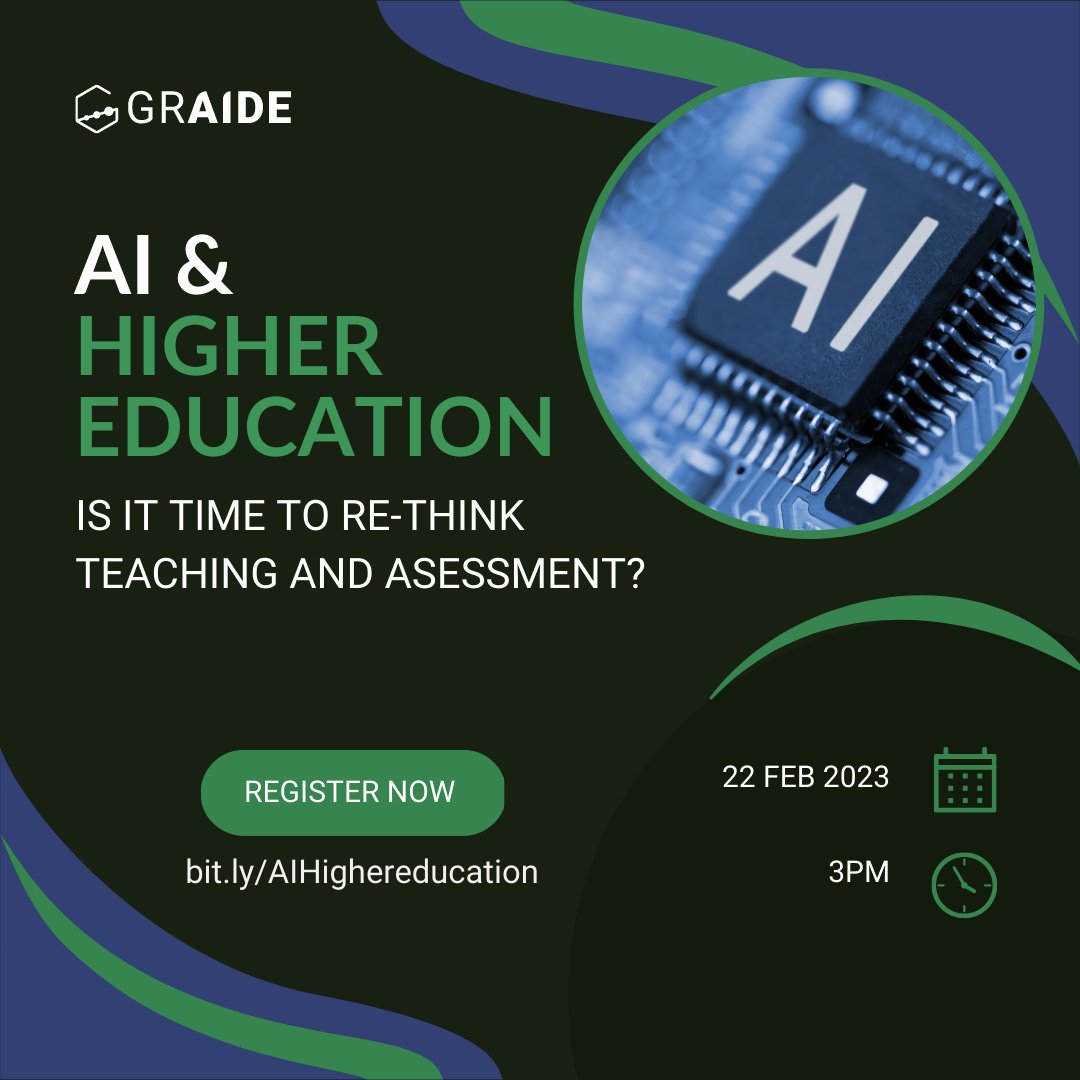 GraideFeedback's tweet photo. We are hosting an AI in higher education roundtable! In the wake of ChatGPT and other AI tools, it is pertinent to discuss how new technology impacts education, assessment, and learning. Join us 
Register here: https://t.co/6eYwBmcKbX

#Graide #AIandhighereducation #AIinEducation https://t.co/8uETwEyPka