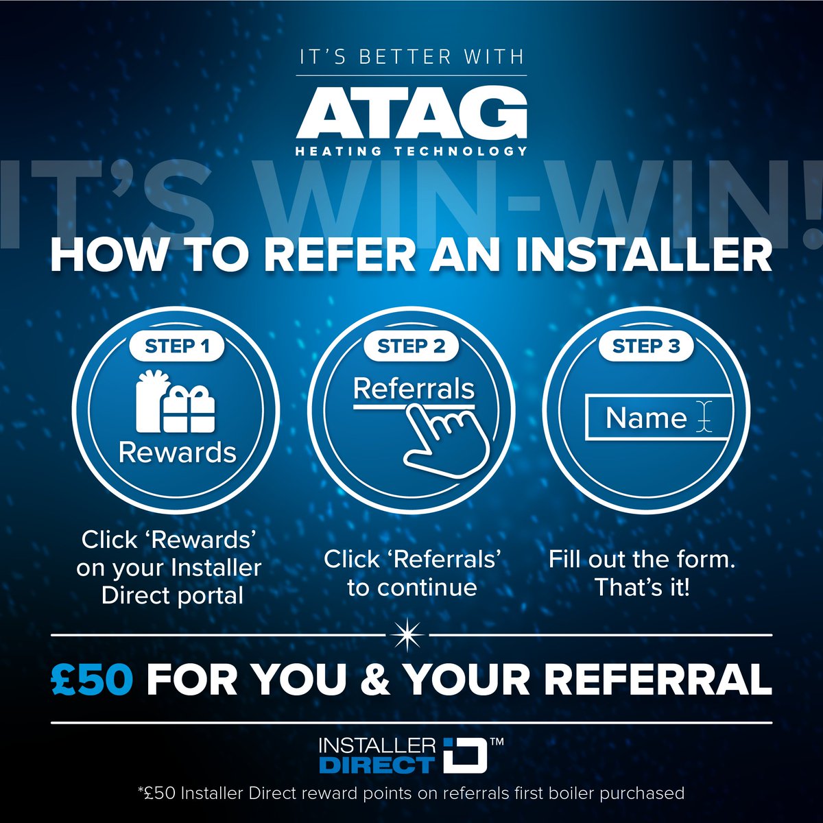 atagheating's tweet photo. £50 for you & £50 for your referral. It's win win!
Refer an installer today! 🧢👍
#ATAGHeatingTechnology #ATAGBoilers #EngineersUK #UKPlumbers #UKGasEngineer #UKBoilers #BoilerInstall #ATAGInstaller #ATAGEngineers #GasSafeEngineers #GasSafeRegistered #GasSafe #GasBoilers https://t.co/I05XP0yMQ8