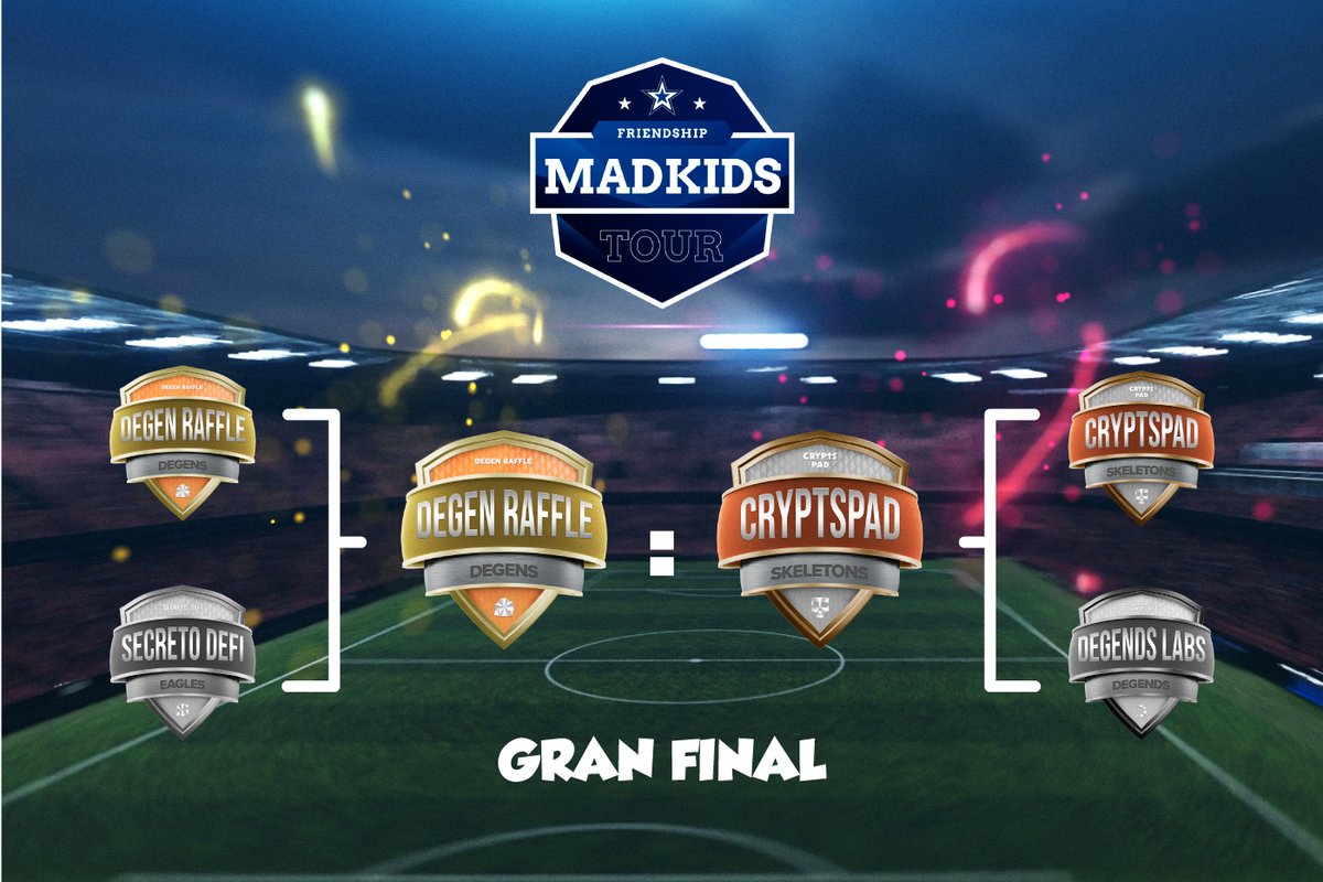 Después de una semana cargada de emociones llegamos a la Gran Final:

<a href="/DegenraffleSol/">Degen Raffle</a> 'Degens' 🆚 <a href="/CryptsPad/">CryptsPAD | 94% STAKED</a> 'Skeletons'

Ambos llegan invictos cosechando un campeonato espectacular... Pero solo puede haber un vencedor 🏆

¡En una hora aprox comienza el partido! ⚽️