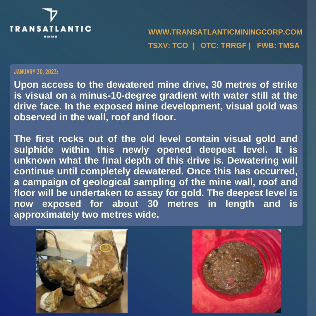 #GoldMine #Mining #Gold #GoldExploration #TransatlanticMining #MillerGoldMine #VisibleGold #VisualGold #HighGradeGold #Mine #TSXV #OTC #Frankfurt $TCO.V $TRRGF $TMSA.FR