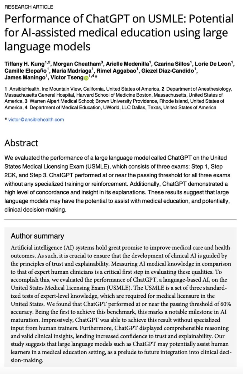 our work showing that ChatGPT passed the US Medical Licensing Exam (USMLE) is published <a href="/PLOSDigiHealth/">PLOS Digital Health</a>!

there's tons of chatter about LLMs in healthcare.

AI is not going to replace doctors anytime soon, but here are the key takeaways from this work:

👉 journals.plos.org/digitalhealth/…
