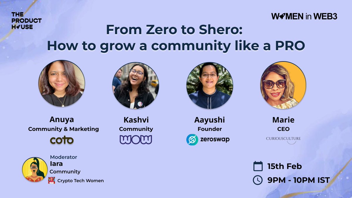 women in web3 series: part 3 🚀

join us for E3 with <a href="/chakranuya/">Anuya Chakravarthi</a> <a href="/kashvii/"></a> <a href="/a17jain/">Aayushi Jain</a> @MarieRokJones moderated by <a href="/iara_modarelli/">iara modarelli</a> ⚡

🗣 From Zero to Shero: How to grow a community like a PRO
📆15th Feb | 9 PM IST
📌venue: x.com/i/spaces/1YqJD…