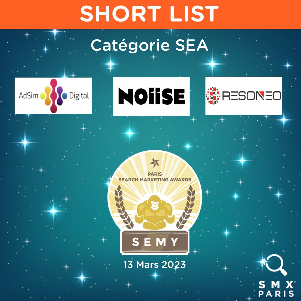 SEMY AWARDS - 6ème édition - SHORT-LIST
Catégorie SEA :
- Adsim
- <a href="/noiise_agency/">NOIISE</a> 
- <a href="/resoneo/">RESONEO</a> 
Félicitations !