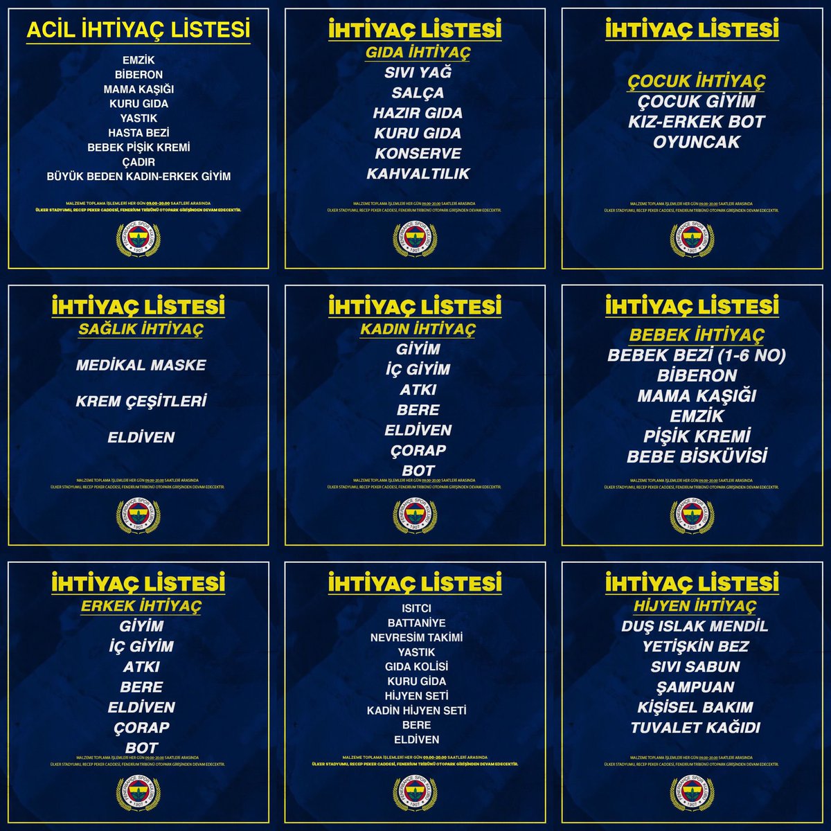👇 Acil ihtiyaç listesi. 

Kaynak: Fenerbahçe Spor Kulübü