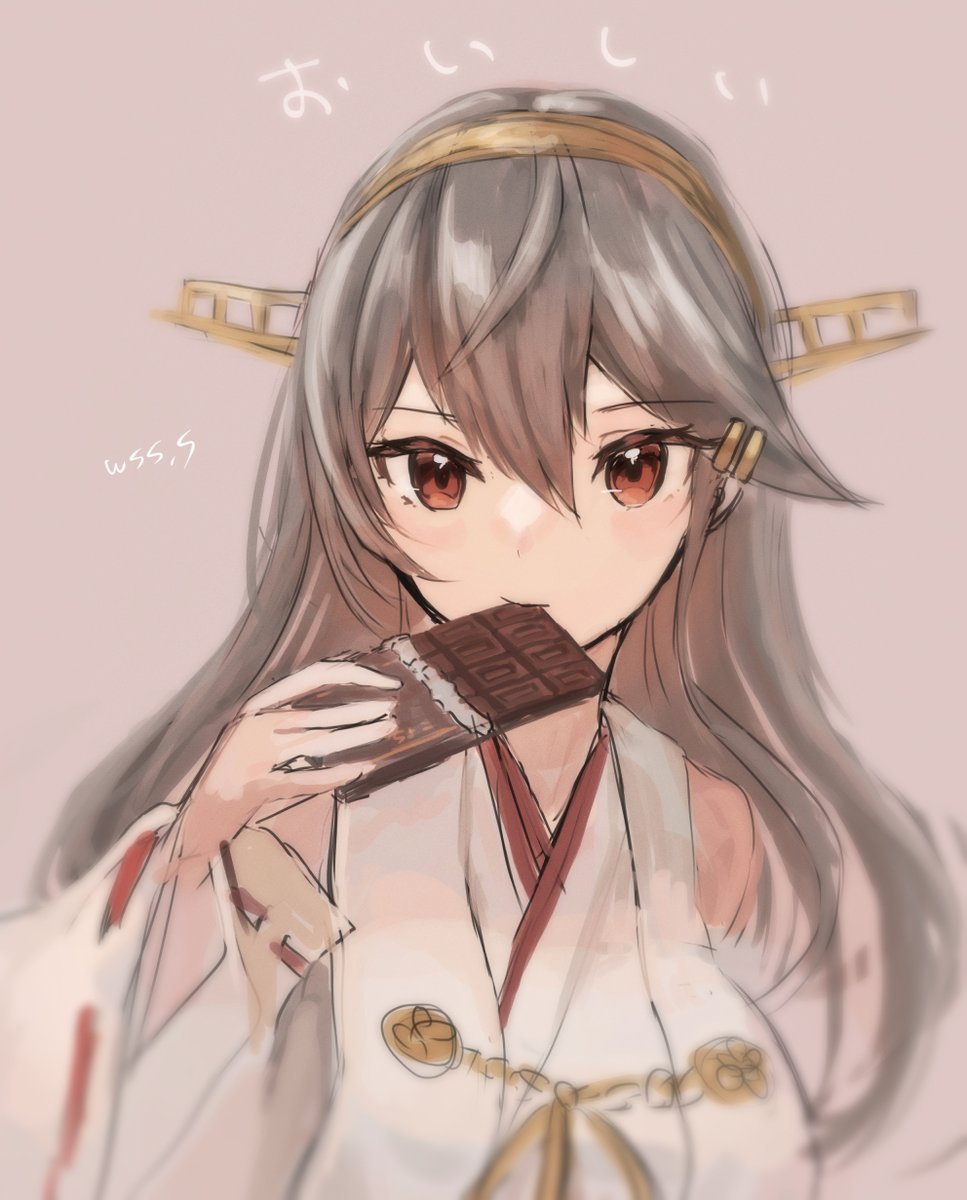 haruna (kancolle) 1girl long hair solo chocolate headgear chocolate bar hairclip  illustration images