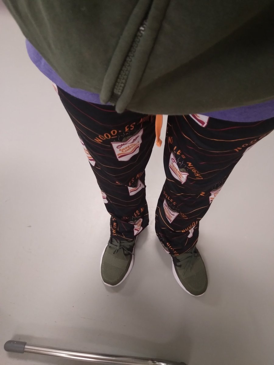 Ramen pants and a Kirby shirt for pajama day