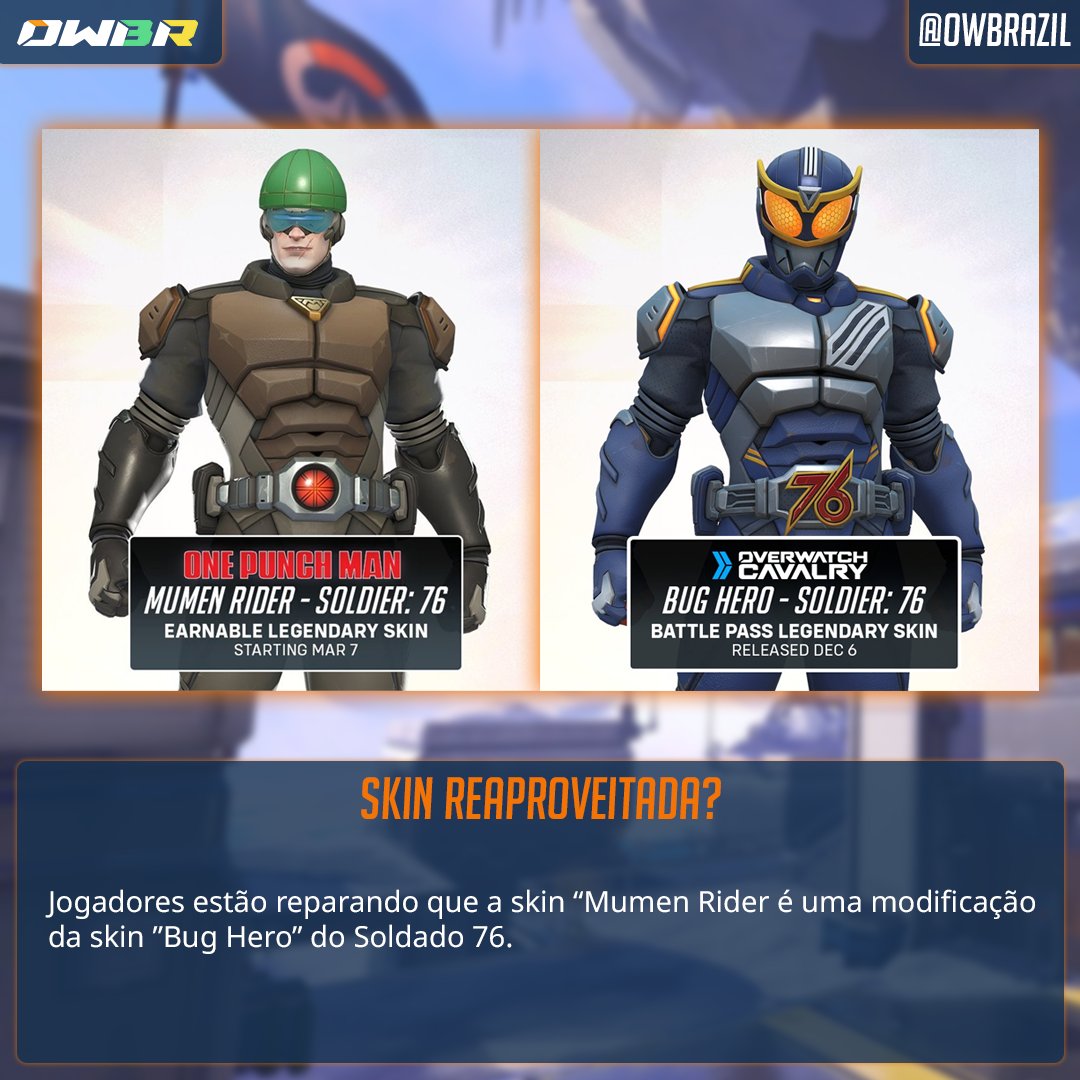 owbrazil's tweet photo. Jogadores estão comparando as 2 skins e acusando a Blizzard de reaproveitamento de skins.

Sabemos que ambas as skins são referência a franquia "Kamen Rider" do Japão. 

#owbrasil #overwatch2 #owbr #overwatchbrasil #kamenrider #onepunchman #overwatchnews https://t.co/W4eWzgwtgE
