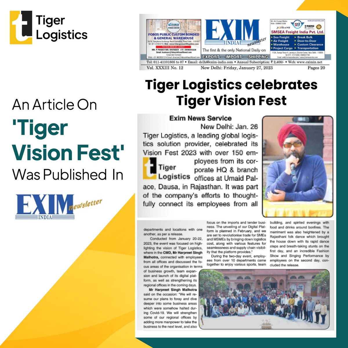 tiger_logistics's tweet photo. We are thrilled to share that an article on 'Tiger Vision Fest' was featured in Exim India magazine.

Do check it out!

#TigerLogistics #logisticssolutions #logisticsmanagement #logisticscompany #annualexcursion #tigervisionfest2023 #visionfest #article #publish #eximindia https://t.co/jeNbNDISEj