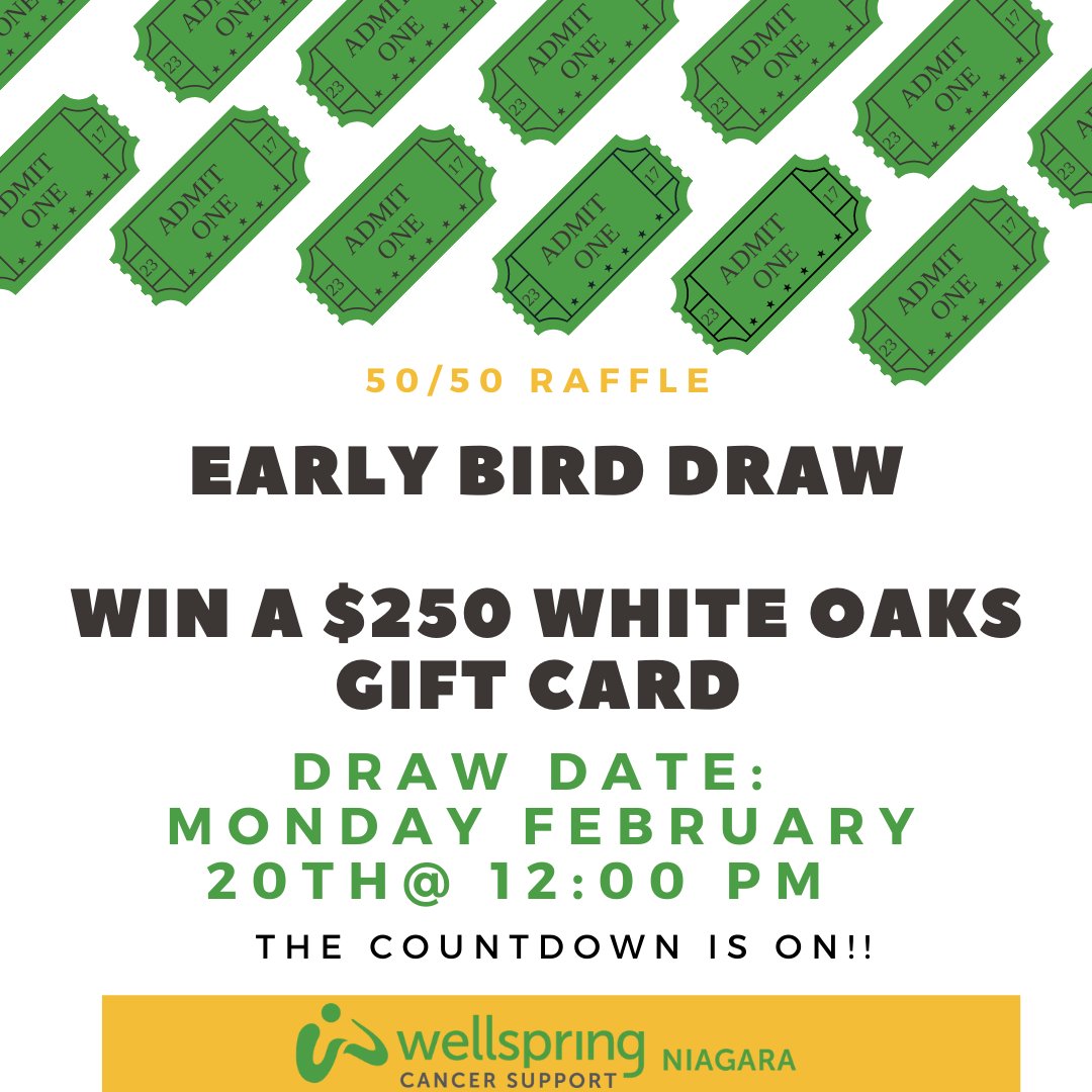The Early Bird Draw is coming! 
Did you know?

50/50 Draws make a significant impact in allowing us to fund programs and services for our Wellspring Community. 

Play to Win &amp; Play to Support! Your support is vital! 

BUY YOUR TICKETS HERE: wellspringniagara5050.ca