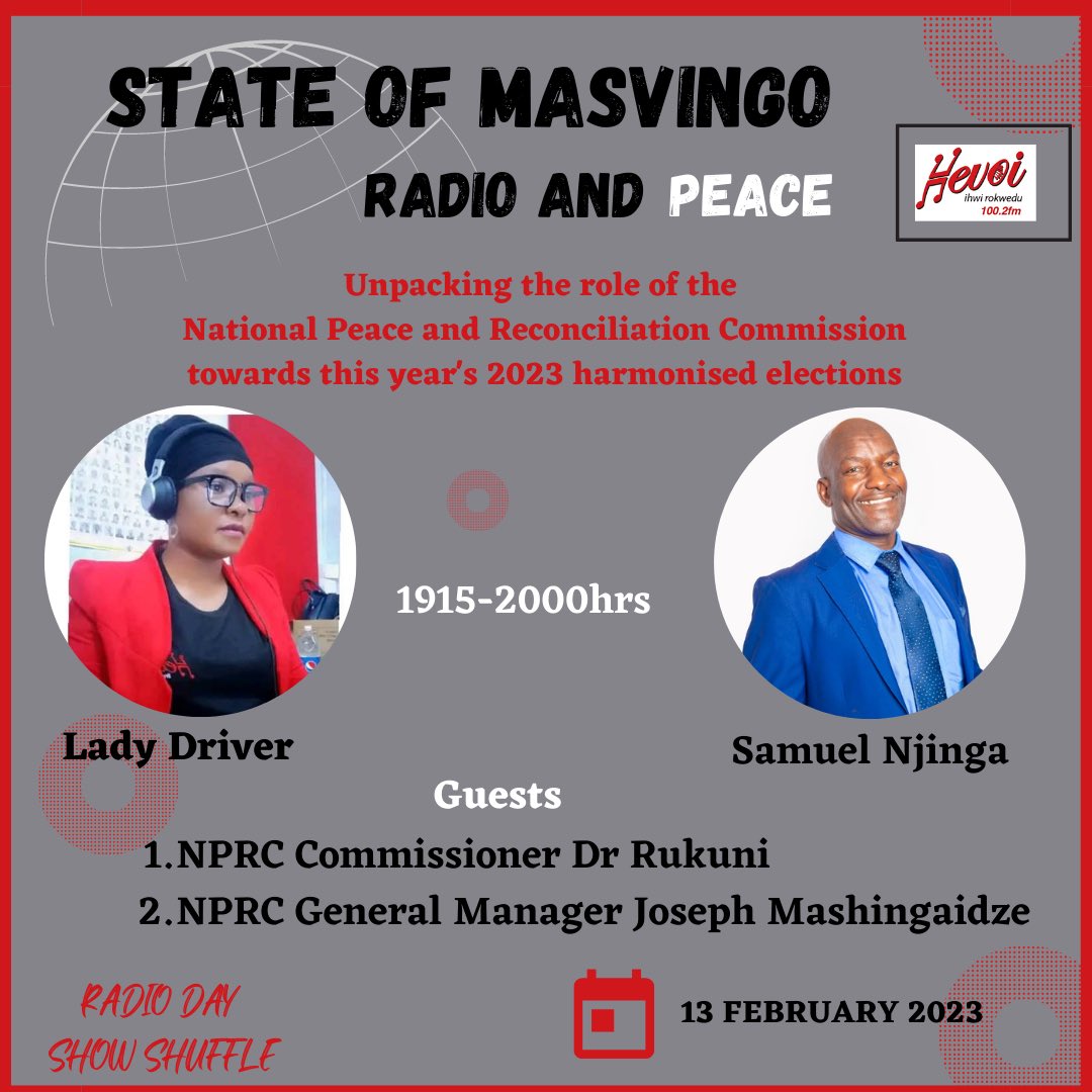 HevoiFm's tweet photo. Join us on State of Masvingo with Lady Driver and Samuel Njinga from 1915-2000hrs.
#showshuffle
#worldradioday
#hevoifm https://t.co/HgQZRAUFaU