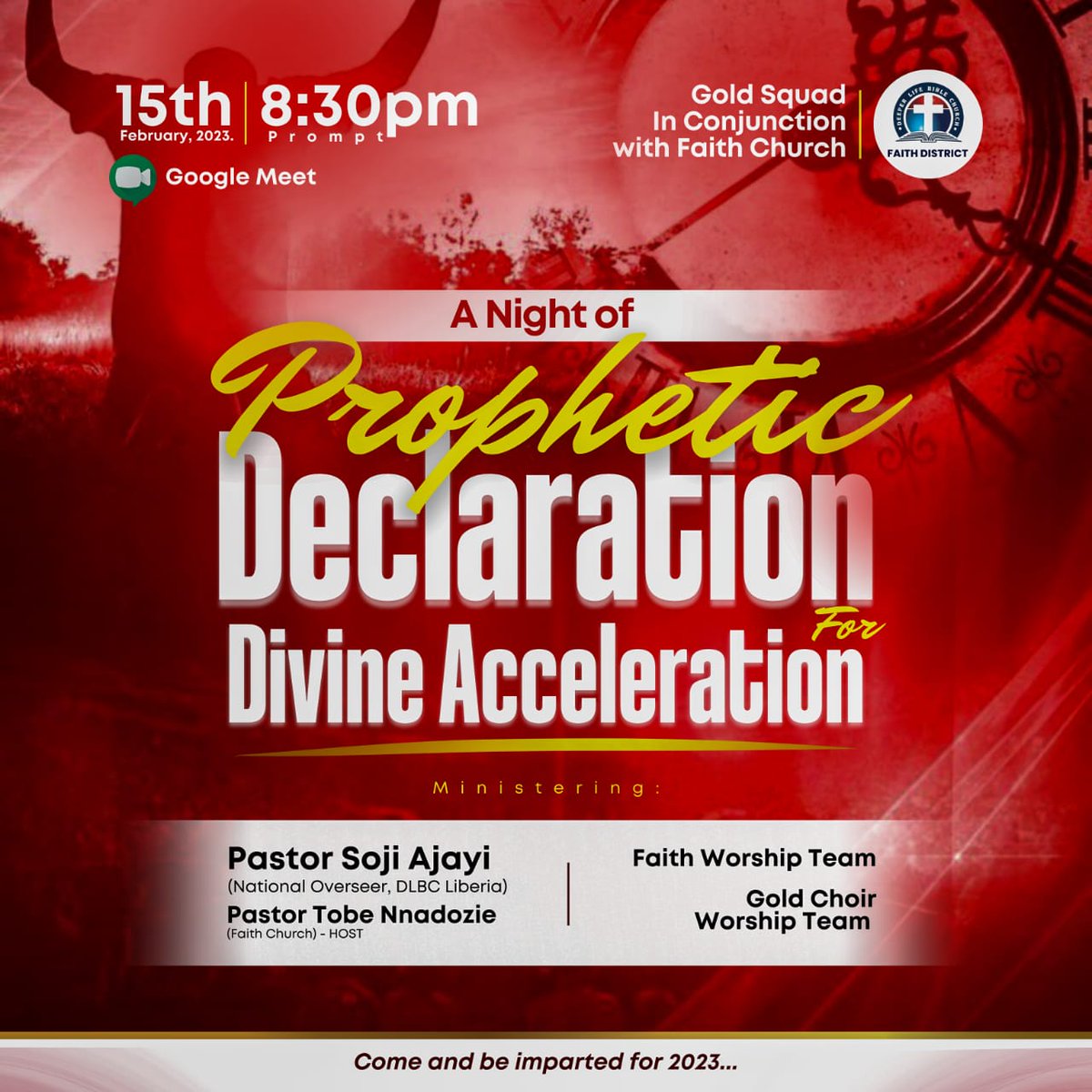 Join us this Wednesday by 8:30pm as Pastor Soji Ajayi will be declaring prophetic prayers for our prophetic acceleration. 

Don't miss it!