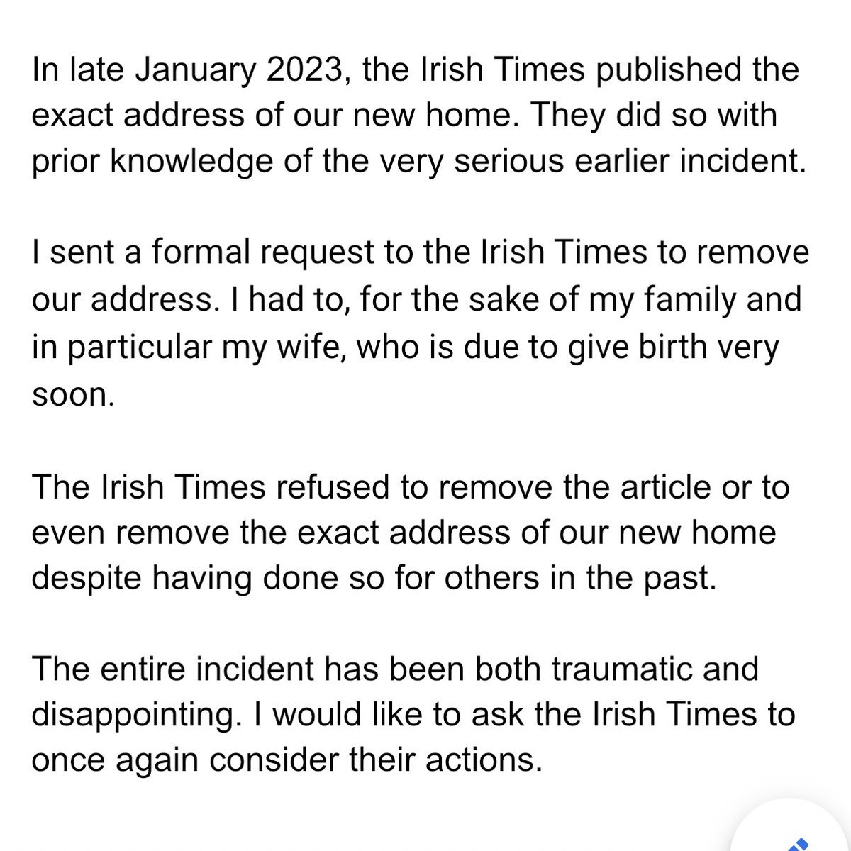 paddycosgrave's tweet photo. Statement on behalf of my family regarding the doxxing of our family home by @IrishTimes https://t.co/RizPWc1KgY