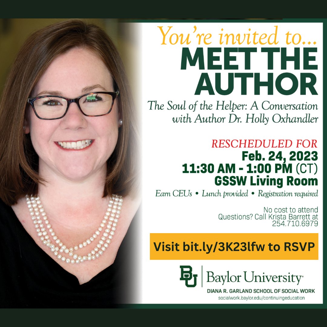 hollyoxhandler's tweet photo. Hey #Waco friends!

Next Friday, @Baylor_SSW is hosting this sweet conversation between me + Whitney Luce about The Soul of the Helper! The event is free, lunch will be provided, &amp; #socialwork/#LPC CEUs are available!

Visit https://t.co/JIidE8phjQ for more info &amp; to sign up. https://t.co/cx3JdCnaPY