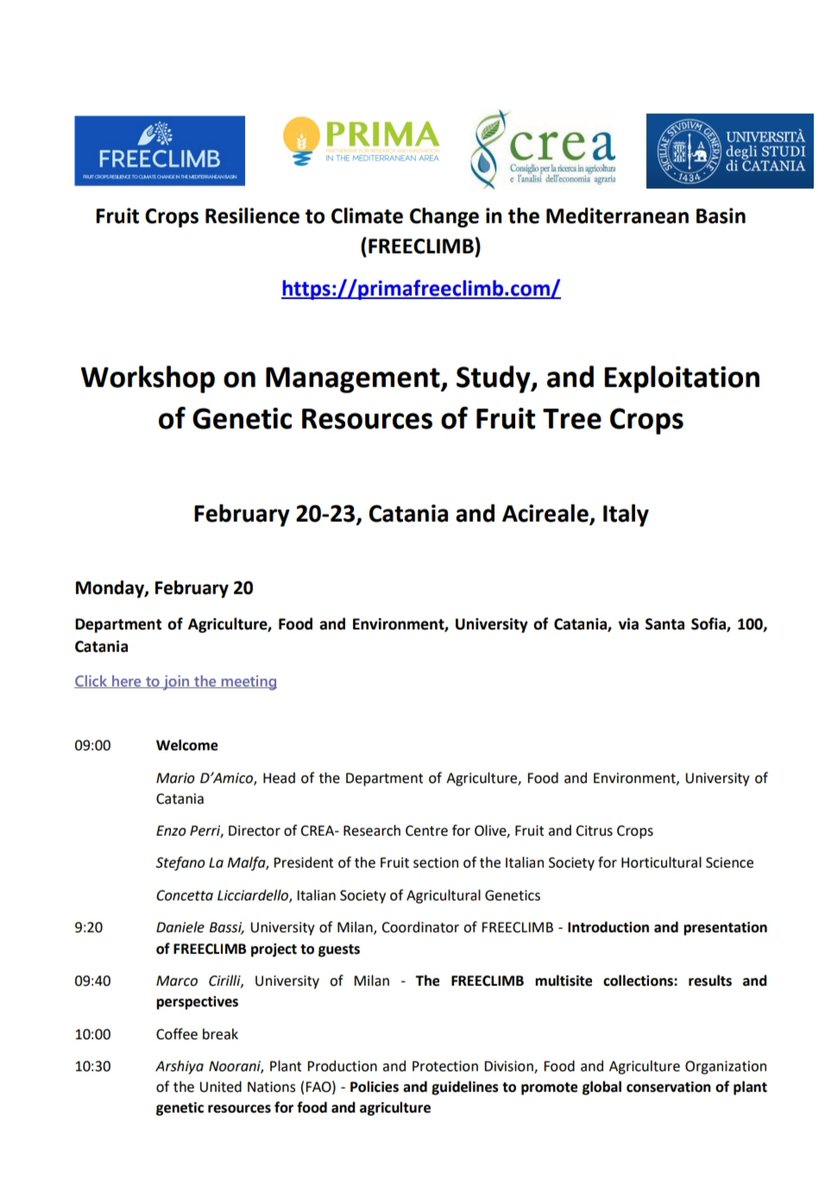 Freeclimb1's tweet photo. Do not miss out the #workshop on #Management, #Study, and #Exploitation of #GeneticResources of #FruitTreeCrops
Collaborations #SIGA #SOI #PRIMA. Local organizers #UNICT #CREA. Sponsors #Agriunitech #piantefaro #esperidio
📆 Feb 20-23, Catania and online (link in the comments) https://t.co/xkvBSWNpf8