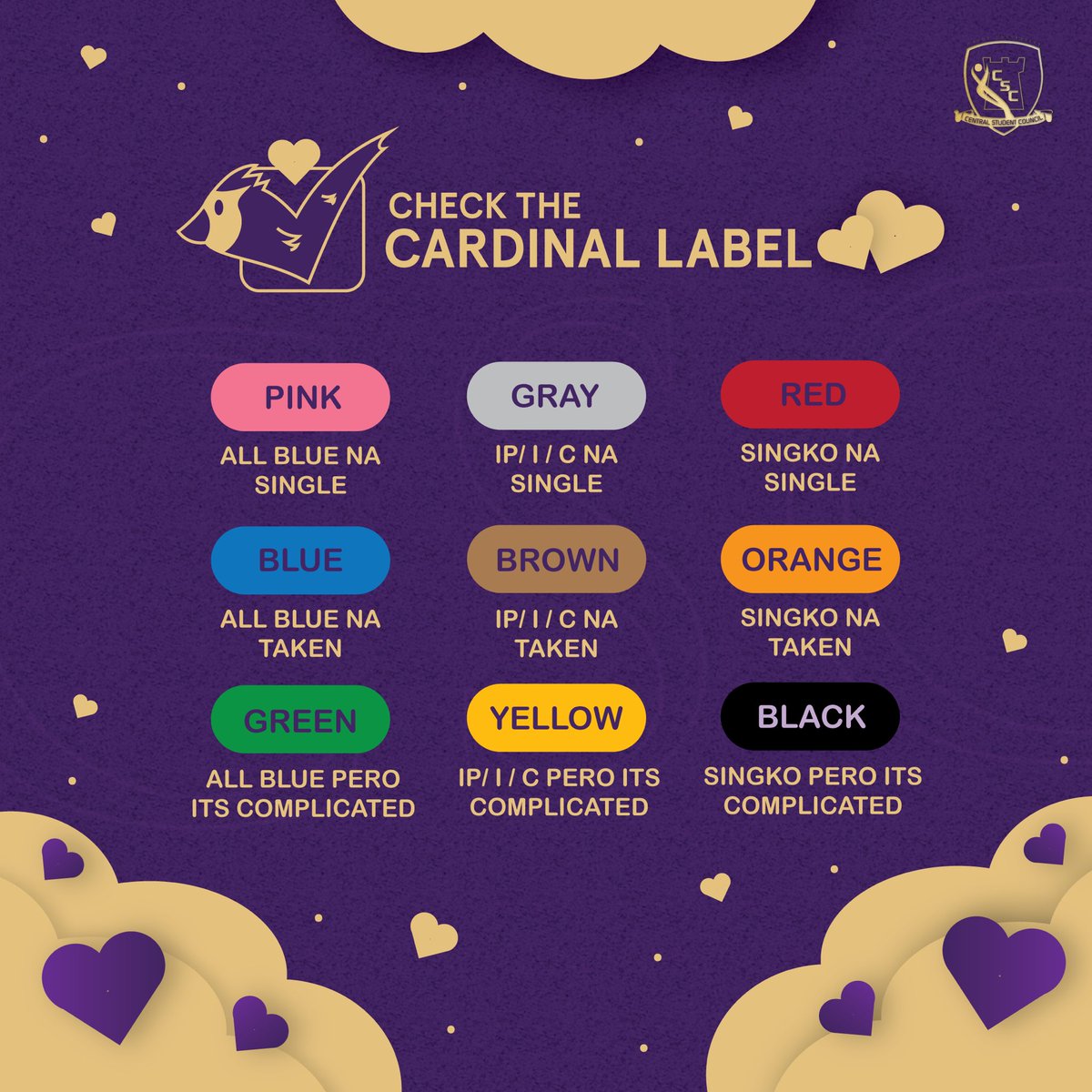 Woops...may label nga ba? 

Mapuans,the Central Student Council has prepared different CARDINAL LABELS for you. Each of these colors represents kung sino ka this valentine's day. That's why get your outfits ready and express who you are for this special day.

#CSCLeadBeyondLimits