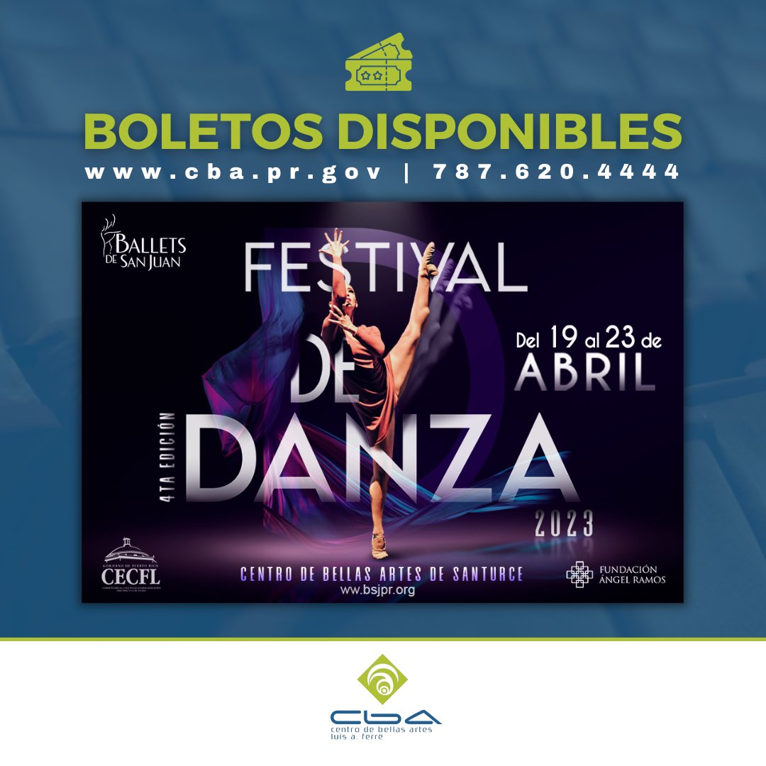 🎫 | FESTIVAL DE DANZA 2023 - BALLETS DE SAN JUAN 🩰

🗓 19 al 23 de abril en la Sala de Teatro René Marqués

Boletos en #CBASanturce y <a href="/Ticketera/">ticketera</a>