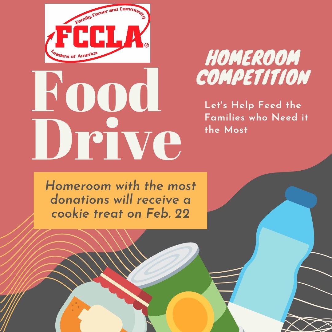 CroftonFCCLA's tweet photo. Food drive competition this week! The homeroom who collects the most gets cookies!! https://t.co/GxksOmL3hC