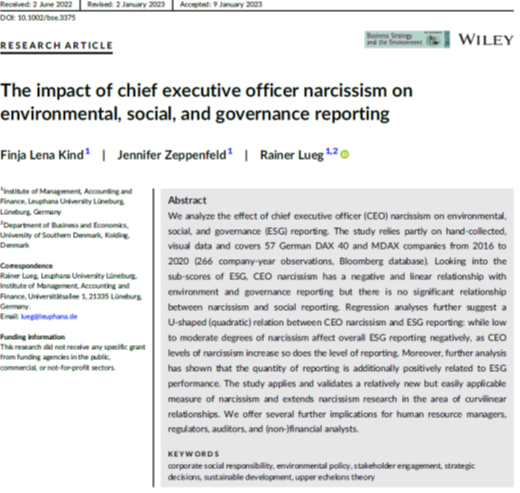 LuegRainer's tweet photo. Do firms report more on #sustainability if the #CEO is a narcissist? 

Our study finds some evidence.
#OpenAccess #ESG #Narcissism #Reporting #leuphana #sdu

https://t.co/MOr3QqayAt https://t.co/USg7KBxsha