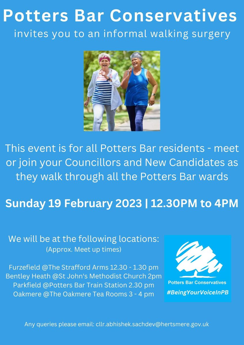 Join us this Sunday for an informal walk through Potters Bar! Meet-up times below. 

<a href="/HertsmereBC/">Hertsmere BC</a>