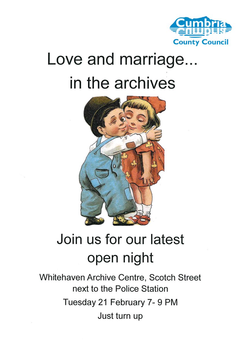 Coming up next week: an open night on Love and Marriage in the archives at #WhitehavenArchives on Scotch Street. Join us on next Tues (21 Feb) 7pm-9pm. Free event, just turn up