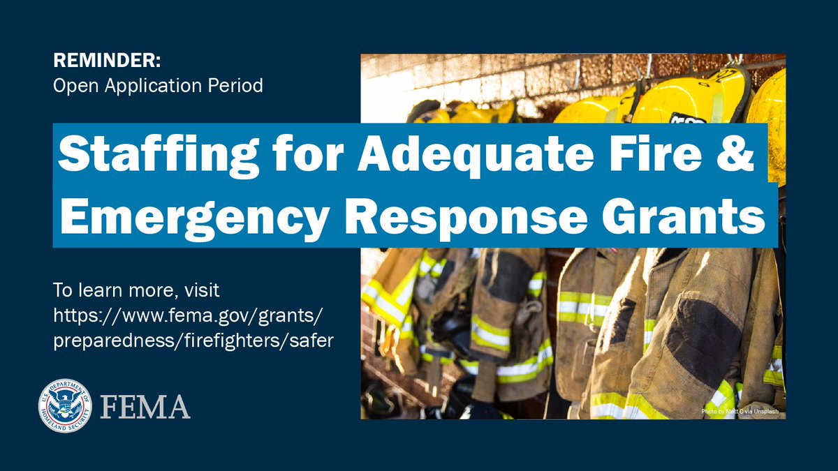 FEMAGrants's tweet photo. 📢 FY22 Staffing for Adequate Fire and Emergency Response (SAFER) Grants application period is open! The program’s goal is to help local fire departments be able to comply with staffing, response, &amp; operational standards. Learn more @ https://t.co/wjZuslwpo8 https://t.co/uWgIJXCbMC