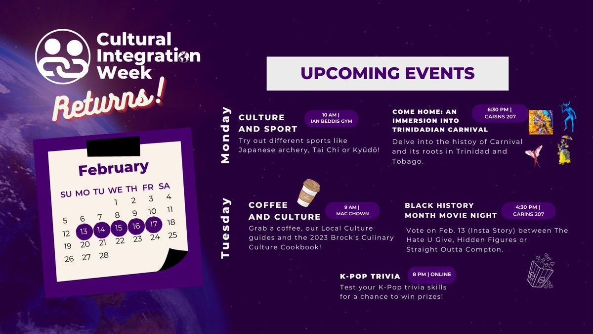 Cultural Integration Week starts today at 10 a.m.! 

Check out today's #BrockU events, like trying a new sport in Ian Beddis Gym or joining us for a Trinidadian Carnival at 6:30 p.m. in Cairns 207. 

See the full lineup and RSVP here: experiencebu.brocku.ca/organization/g…