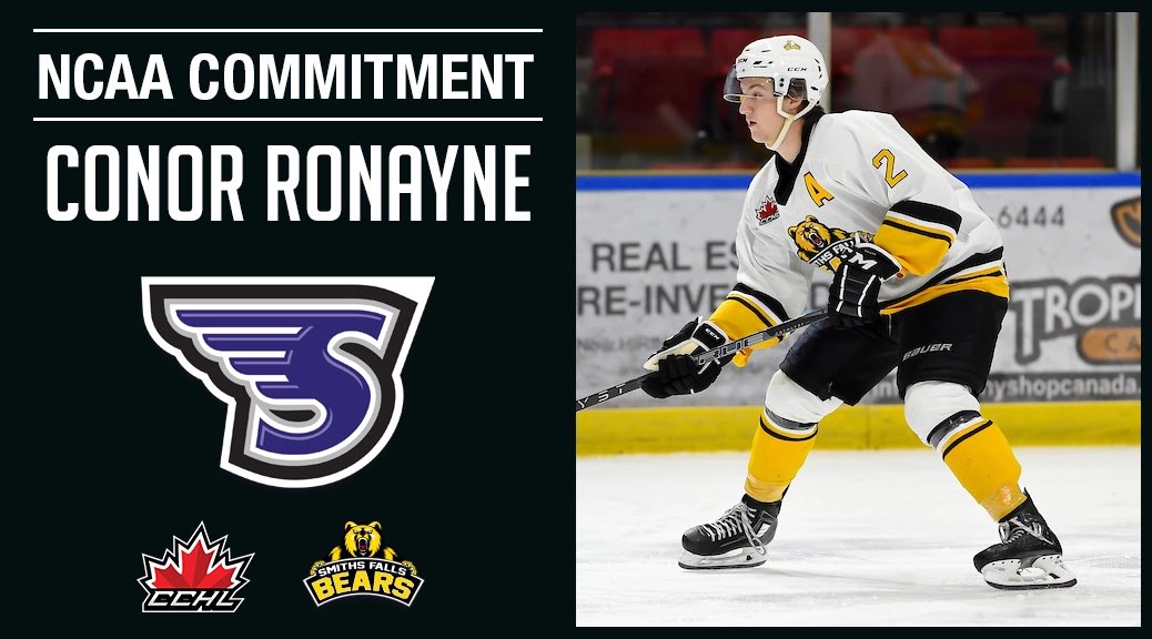 Commitment Alert 🚨 
<a href="/SFBears/">Smiths Falls Bears</a> 2002 F Conor Ronayne has committed to <a href="/NCAAIceHockey/">NCAA Ice Hockey</a> @StonehillHockey for 2023-24.

📷 icelevel.com
Graphic | Mark Kelly

🗞️ | thecchl.ca/commitment-ale…