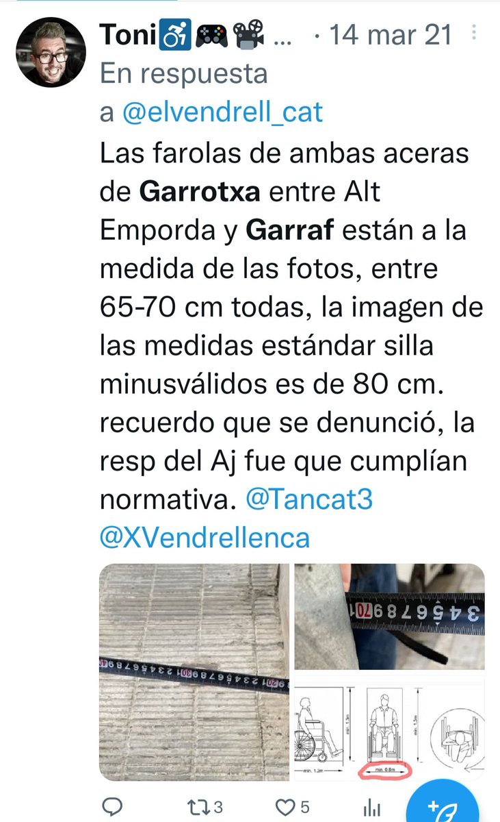 ToniLinC's tweet photo. @AGonzalezBondia @Tancat3 @Som_Poble @ERC_elvendrell @XVendrellenca @AlbertRoviraIII @MarcRobertJa Sobre l'any 2008 vaig denunciar mediant instància que els fanals no cumplien normativa, era impossible circular amb cadira de rodes, al 2021 treien pit amb la supressió de barreres al creuament Garraf/Garrotxa, calers llençats si no pots circular per la vorera..uns cracks. https://t.co/AIevHyYAAO
