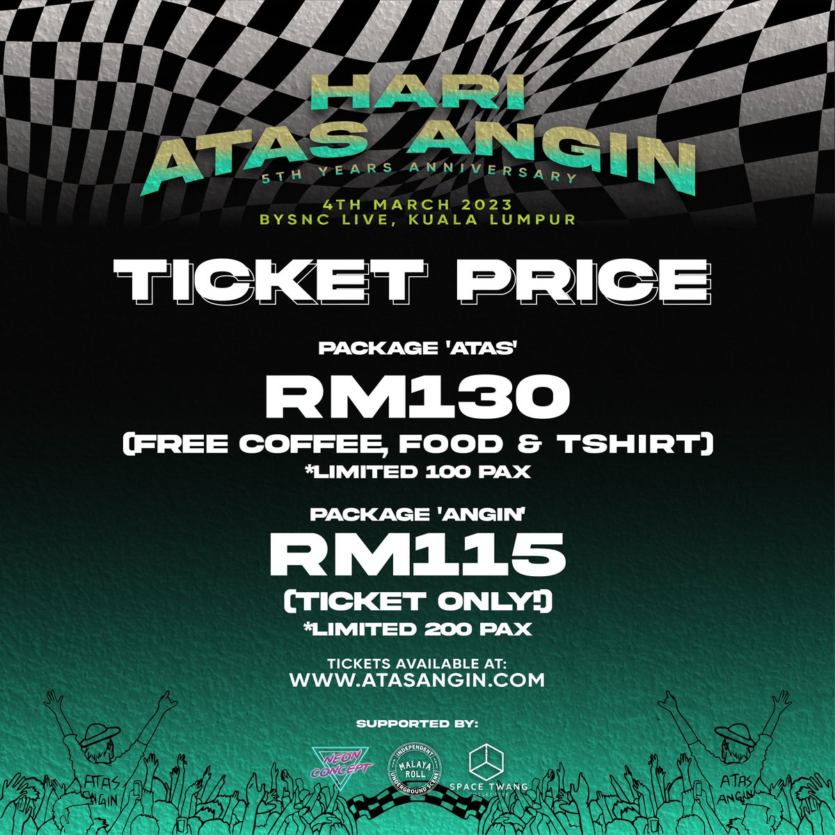 #ONGROUND LIVE:  HARI <a href="/_atasangin/">Atas Angin MY</a>  (5th Anni)
ft. <a href="/hacktickmusic/">HACKTICK!</a> <a href="/TheVenopianSoli/">The Venopian Solitude</a> @mascotband_my <a href="/jemputdengar/">Jemput Dengar</a> <a href="/kapowMY/">Kapow</a> <a href="/ramayanmusik/">RAMAYAN</a> <a href="/TILUBAND/">Tilu</a> <a href="/TresEmpre/">Tres Empre</a> 
Sp.Guest: #MadSabah
at #BSyncLive 26 Jln Permai, Off Jln RobsonHeights #KL
SAT March4 12pm
TICS: atasangin.com/event