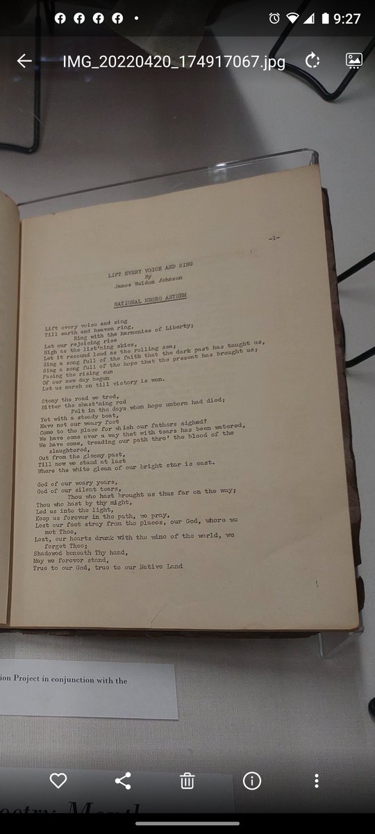 An original print of "Lift Evry Voice And Sing", aka the "Negro National Anthem" by James Weldon Johnson. I took this in the Black History archive room of the Jacksonville Public Library. 

Johnson was born in my hometown of Jacksonville, FL. ✊🏿🌴 #BlackHistoryMonth