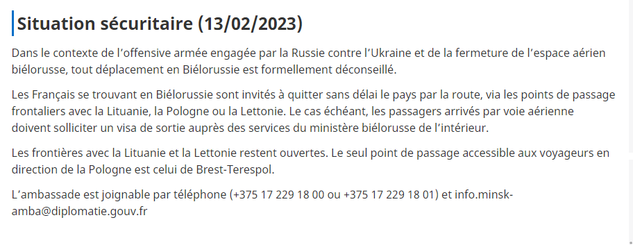 NeuroneIntel's tweet photo. Biélorussie : Le ministère des Affaires étrangères français demande aujourd'hui à ses ressortissants de "quitter sans délai" la Biélorussie, "via les points de passage frontaliers avec la Lituanie, la Pologne ou la Lettonie."

(@francediplo) https://t.co/VKwHcoHQ9I