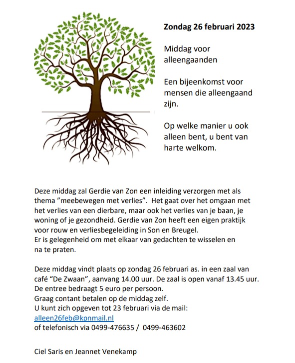 #themamiddag #alleengaanden #rouwenverlies Georganiseerd door twee actieve inwoonsters <a href="/sonenbreugel/">Son en Breugel</a>