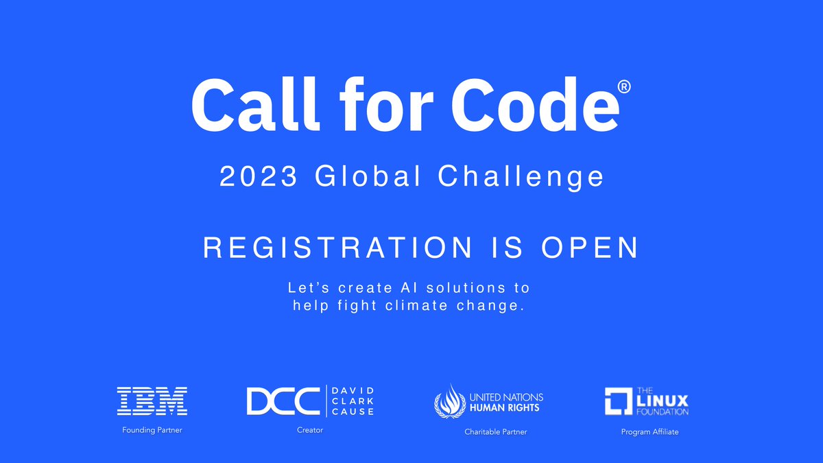 CallforCode's tweet image. 2023 #callforcode Global Challenge registration is officially open!
Let’s create AI solutions to help fight climate change. Answer the call and register today: developer.ibm.com/callforcode/gl…