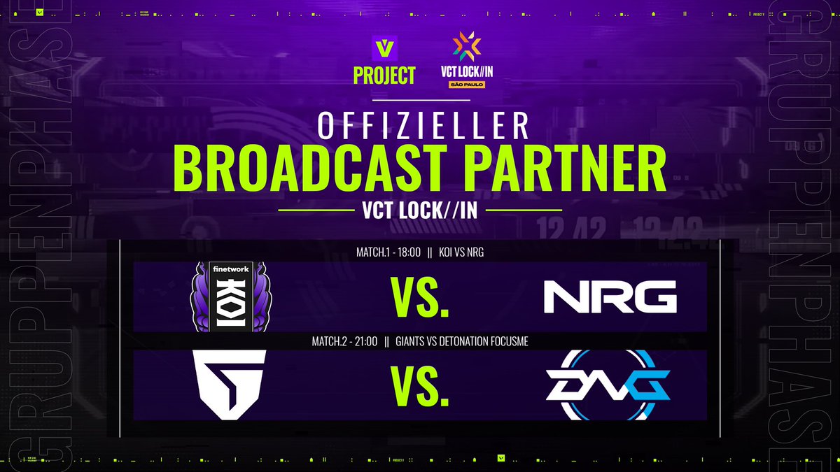 🚨ANNOUNCEMENT🚨

PROJECT V wird der offizielle deutschsprachige #VCT Broadcast🔥

#VCTLOCKIN startet heute und wir sind live dabei, also kommt alle rein in den Chat, heute wird mit der DACH-Community VALORANT gefeiert🫶

Ab 17:45 Uhr👇
📺 twitch.tv/projectvgg2