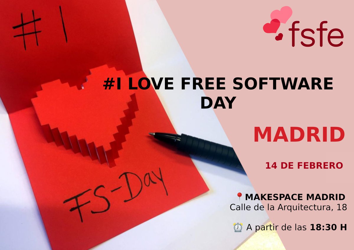 ¡Únete mañana a nuestra celebración del I ♥ Free Software Day en Madrid, España 🇪🇸 #ilovefs
⏰ 18:30 
📍MakeSpace Madrid, Calle de la Arquitectura 18, 28005 Madrid 
ℹ️ fsfe.org/events/events.…