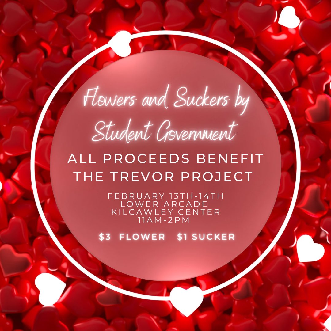Hey Guins🐧

This coming Monday and Tuesday, stop by our table in Kilcawley Center for all your Valentines Day goodies. Student Government Association will be selling flowers and suckers with all proceeds benefiting the Trevor Project! 

#ysu #yandproud #goguins