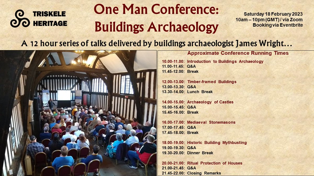 Running times are in for the One Man Buildings Archaeology Conference this coming Saturday....

Bookings have been flooding in over the last few days, but we still have tickets available: 
eventbrite.co.uk/e/one-man-conf…
