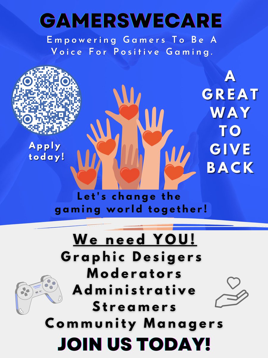 Gamers, unite! 

Join the GamersWeCare team as a volunteer for charity &amp; gaming events. Help build a positive impact community and become a game changer. Fill out the form or dm us! 

Link: forms.gle/EbcNVBUXNNRRwY… 

Share appreciated! Let's make a difference! 
#GamersWeCare