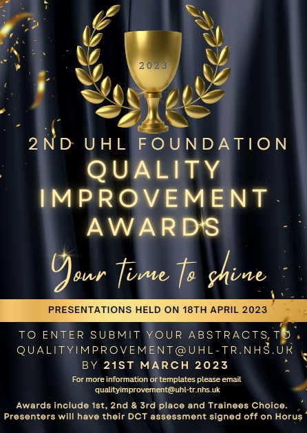 Pleased to be able to confirm that we will be running our @Leic_hospital #foundation doctors #QIawards again this year - details 👇 Please share / tag in relevant colleagues #doctorsintraining #timetoshine #teamUHL 😃💊💉🩺🏆