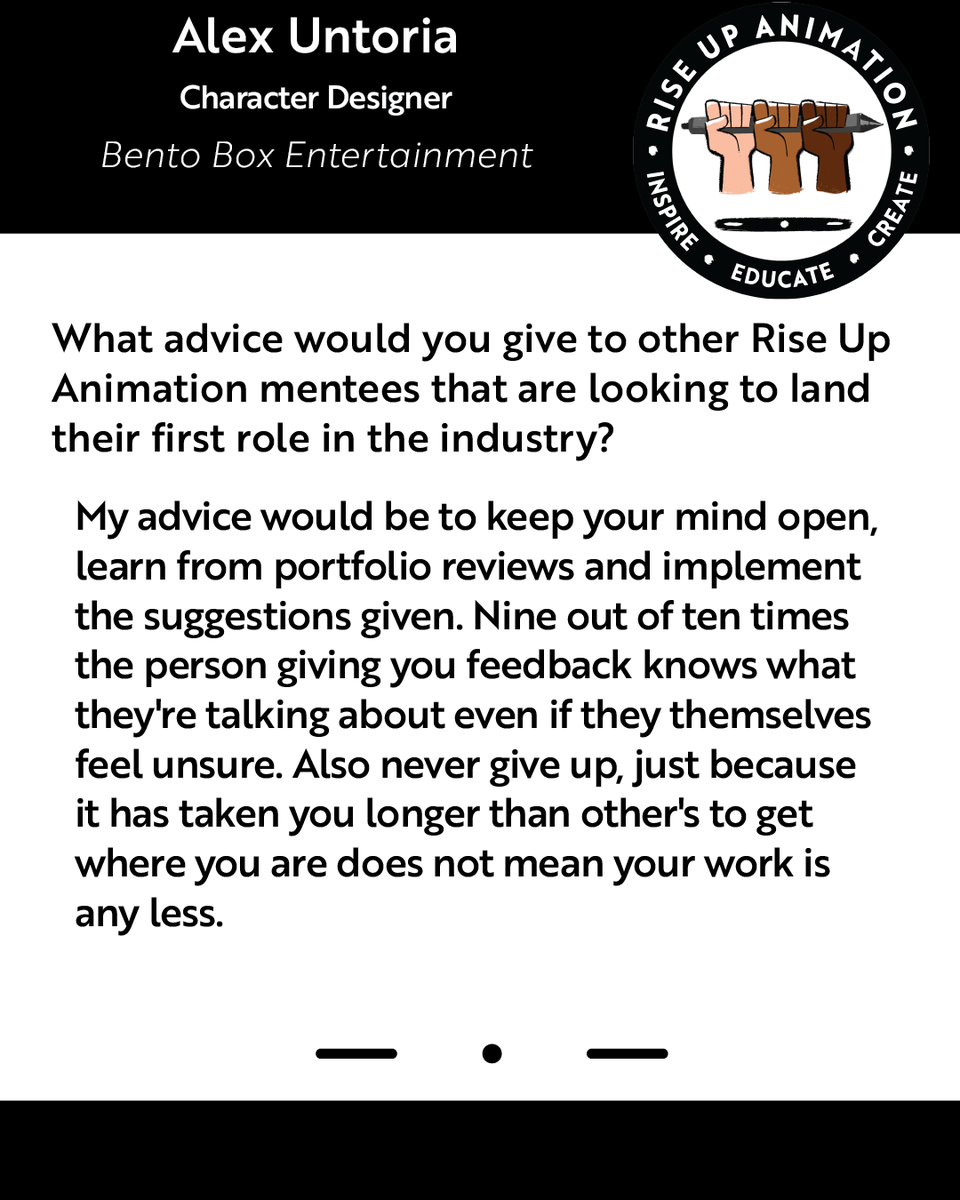 riseupanimation's tweet photo. Happy Monday Rise Up fam! We're bringing you another #MenteeFastForward where we hear from an RUA Mentee that found a career opportunity in animation. 

Today we celebrate our own Rise Up Animation MPR team member, @alexuntoriaart from @BentoBoxEnt https://t.co/2toYos1oJm