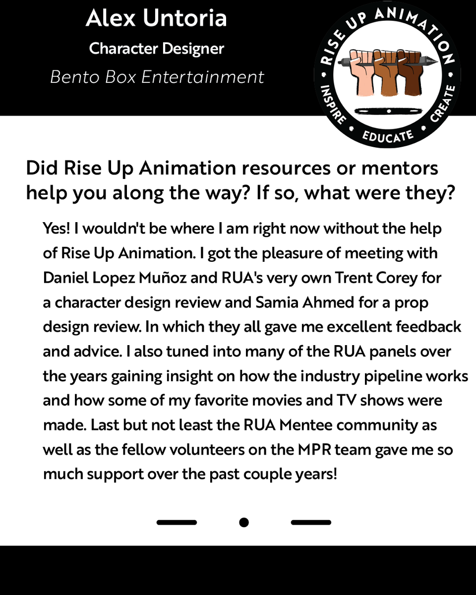 riseupanimation's tweet photo. Happy Monday Rise Up fam! We're bringing you another #MenteeFastForward where we hear from an RUA Mentee that found a career opportunity in animation. 

Today we celebrate our own Rise Up Animation MPR team member, @alexuntoriaart from @BentoBoxEnt https://t.co/2toYos1oJm