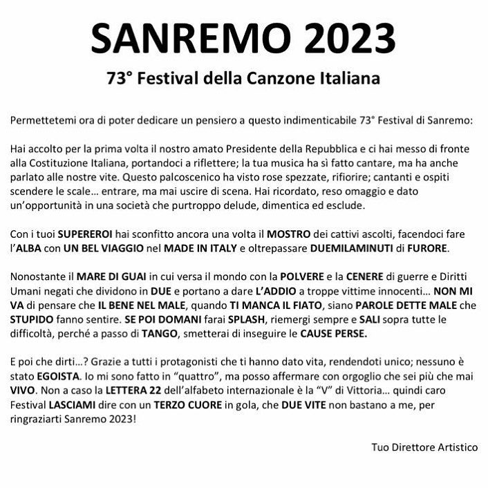ArcobalenoTre's tweet photo. Lettera al Festival ✍🏻 
Complimenti al nostro #Amadeus per la settantatreesima edizione del #Festival di #Sanremo
@PrestaLucio 
@ennepi_np https://t.co/4s4wHifCOa